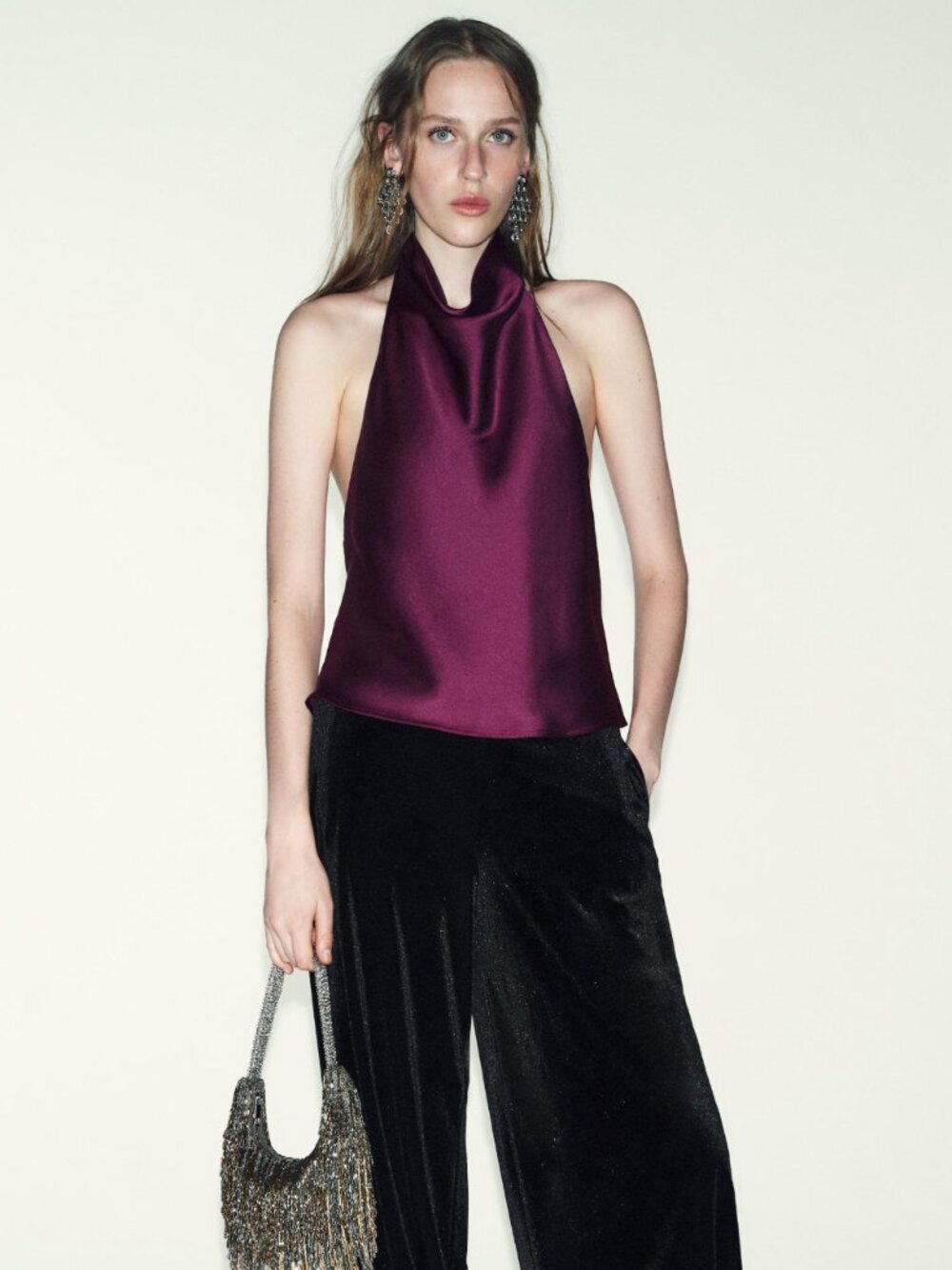 ZARA Satin Effect Cowl Halter Top | Open Back | Burgundy | NWT | Size S